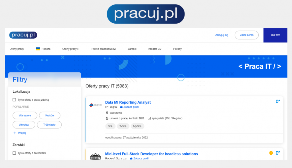 portal z ofertami pracy IT - Pracuj.pl